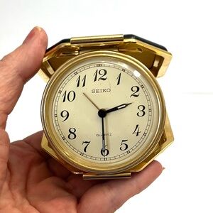 Vintage 1980s Seiko Quartz Black Gold Compact Travel Alarm Clock Folding Battery
